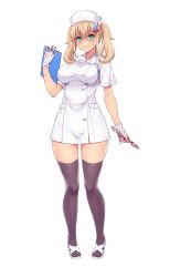 Rule 34 | 1girl, amane hasuhito, black thighhighs, blonde hair, blood, blood on clothes, blood on face, blood on hands, bloody weapon, breasts, clipboard, dress, full body, gloves, green eyes, hat, highres, holding, holding clipboard, holding knife, holding scalpel, knife, large breasts, nurse, nurse cap, original, sandals, scalpel, shaded face, short dress, short sleeves, sidelocks, simple background, solo, standing, thighhighs, twintails, weapon, white background, white dress, white footwear, white gloves
