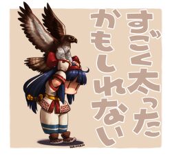Rule 34 | 1girl, ainu clothes, arms up, blue hair, breasts, chibi, fingerless gloves, gloves, hair ribbon, highres, japanese text, legs, long hair, mamahaha, nakoruru, pants, ribbon, samurai spirits, small breasts, snk, the king of fighters, thighs, translation request