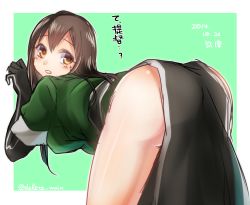 Rule 34 | 10s, 1girl, ass, bad id, bad pixiv id, bent over, black gloves, blush, brown eyes, brown hair, character name, chikuma (kancolle), cowboy shot, dated, from behind, gloves, highres, kantai collection, long hair, looking back, no panties, pelvic curtain, rom (kochirasama), solo, thighhighs, twitter username