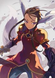 Rule 34 | 1girl, animal ears, breasts, breath of fire, breath of fire iv, brown hair, bun cover, closed mouth, elbow gloves, eyeliner, frown, gloves, gun, hair bun, highres, holding, holding gun, holding weapon, long hair, makeup, purple eyes, purple gloves, red eyeliner, ringed eyes, rumie, single hair bun, small breasts, solo, split mouth, tail, trigger discipline, tsurime, turtleneck, ursula (breath of fire), v-shaped eyebrows, weapon