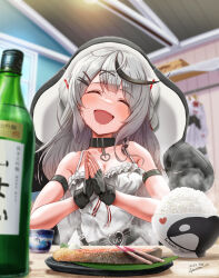 Rule 34 | 1girl, alcohol, black gloves, black hair, bowl, breasts, chair, chopsticks, cleavage, closed eyes, collar, cup, dress, estrella (uypu4574), fang, fingerless gloves, food, gaming chair, gloves, grey hair, happy, highres, hololive, indoors, light blush, long hair, medium breasts, multicolored hair, multiple hairpins, open mouth, plate, red nails, rice, sakamata chloe, sakamata chloe (1st costume), sake, sitting, solo, swivel chair, virtual youtuber, white dress