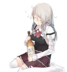 Rule 34 | 10s, 1girl, blush, bottle, bow, bowtie, breasts, bubble, closed eyes, corset, drunk, eyebrows, fuu fuu, grey hair, hair between eyes, holding, holding bottle, kantai collection, large breasts, long hair, no shoes, pola (kancolle), red bow, red bowtie, ribbon, sake bottle, shirt, simple background, skirt, sleeves past wrists, solo, thick eyebrows, thighhighs, wavy hair, white background, white ribbon, white shirt, white thighhighs, wine bottle, zettai ryouiki