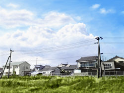 Rule 34 | blue sky, car, chain-link fence, cloud, day, fence, grass, house, motor vehicle, no humans, power lines, scenery, sky, t-3 design