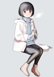 Rule 34 | 1girl, ankle boots, aran sweater, black hair, black pantyhose, blue sweater, boots, brown eyes, cable knit, closed mouth, coat, coffee cup, cup, disposable cup, grey background, grey skirt, invisible chair, long sleeves, looking at viewer, miniskirt, original, pantyhose, pink coat, sekiya asami, short hair, simple background, sitting, skirt, smile, solo, sweater