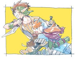 Rule 34 | 2boys, blue eyes, brown hair, gloves, goggles, grandia, grandia i, hat, justin (grandia), male focus, messy hair, michibata 65, multiple boys, open mouth, pointy ears, protected link, rapp (grandia), red hair, smile, sword, weapon, weapon on back
