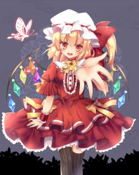 Rule 34 | 1girl, adapted costume, alternate costume, ascot, black pantyhose, black thighhighs, blonde hair, bug, butterfly, crystal, dress, embellished costume, flandre scarlet, hat, hat ribbon, highres, insect, kirasaki, layered dress, looking at viewer, mob cap, open mouth, pantyhose, pinstripe legwear, pinstripe pattern, puffy sleeves, red eyes, ribbon, sash, short hair, short sleeves, side ponytail, smile, solo, striped clothes, striped pantyhose, striped thighhighs, thighhighs, touhou, vertical-striped clothes, vertical-striped thighhighs, wings, wrist cuffs
