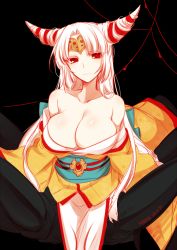 Rule 34 | 1girl, arachne, arthropod girl, bare shoulders, black background, breasts, cleavage, commentary request, dated, horns, huge breasts, insect girl, japanese clothes, kimono, konshin, long hair, looking at viewer, monster girl, obi, off shoulder, original, parted bangs, pelvic curtain, red eyes, sash, signature, silk, simple background, smile, solo, spider girl, spider web, taur, tiara, white hair, yellow kimono