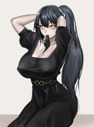 Rule 34 | 1girl, absurdres, arms behind head, arms up, black dress, black hair, breasts, cleavage, collarbone, covered erect nipples, dandelion (girls&#039; frontline), dress, expressionless, gcg, girls&#039; frontline, highres, huge breasts, long dress, long hair, looking at viewer, mouth hold, ponytail, puffy short sleeves, puffy sleeves, ribbon, ribbon in mouth, shiny skin, short sleeves, solo, tying hair, very long hair, yellow eyes
