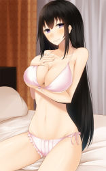 Rule 34 | 1girl, bare arms, bare legs, bare shoulders, bed, black hair, blush, bra, breast hold, breasts, cleavage, curtains, eyebrows, groin, hands on own chest, highres, indoors, kurasaki aya, large breasts, legs, long hair, looking at viewer, navel, original, panties, pillow, purple eyes, sitting, smile, solo, thighs, underwear