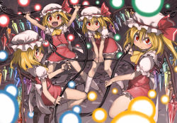 Rule 34 | 4girls, ascot, blonde hair, blush, clone, fang, flandre scarlet, four of a kind (touhou), hat, laevatein, multiple girls, open mouth, red eyes, ribbon, short hair, side ponytail, skirt, smile, touhou, wings, ysk!