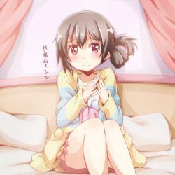 Rule 34 | 1girl, bed, black hair, blush, bow, bowtie, curtains, hair bun, long sleeves, looking at viewer, love live!, love live! school idol project, on bed, own hands together, pajamas, pillow, red eyes, riai (onsen), side bun, single side bun, sitting, smile, solo, striped, translation request, white bow, white bowtie, yazawa nico