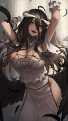 Rule 34 | 1girl, :d, ahoge, albedo (overlord), arms up, black feathers, black hair, black wings, breasts, brown hair, cleavage, cowboy shot, demon girl, detached collar, dress, feathered wings, feathers, floating hair, gloves, hair between eyes, head tilt, highres, hip vent, horns, large breasts, layered gloves, long hair, looking at viewer, multicolored hair, ola (bunnyfly), open mouth, overlord (maruyama), slit pupils, smile, solo, standing, two-tone hair, very long hair, white dress, white gloves, wings, yellow eyes