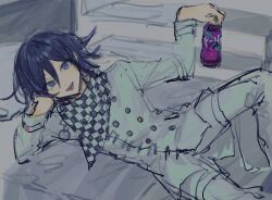 Rule 34 | 1boy, :d, bottle, buttons, checkered clothes, checkered scarf, danganronpa (series), danganronpa v3: killing harmony, double-breasted, fanta, grey jacket, grey pants, hand up, holding, holding bottle, jacket, knee up, long sleeves, lower teeth only, lying, medium hair, messy hair, on side, open mouth, oma kokichi, pants, scarf, sketch, smile, solo, teeth, ze ro saiji
