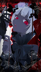Rule 34 | 1girl, absurdres, blood, blood from mouth, blood on face, bow, colored skin, english text, flower, goma irasuto, grey skin, highres, hime cut, looking at viewer, now, original, red bow, red eyes, rose, rozen maiden, solo, straight hair, white hair