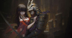 Rule 34 | 1boy, 1girl, armor, black hair, breasts, cleavage, commentary, dao trong le, dated, floral print, hair ornament, highres, holding, holding sword, holding weapon, japanese armor, large breasts, long hair, looking at another, signature, sword, weapon, x hair ornament, yellow eyes