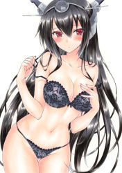 Rule 34 | 1girl, black bra, black hair, black panties, blush, bra, breasts, cleavage, collarbone, cowboy shot, floral print, gluteal fold, hand on own hip, headgear, kantai collection, large breasts, long hair, looking at viewer, marker (medium), nagato (kancolle), nail polish, panties, pink nails, red eyes, ren (endscape20), rose print, simple background, solo, standing, straight hair, strap slip, thigh gap, traditional media, underwear, underwear only, very long hair, white background