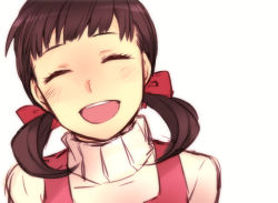 Rule 34 | 1girl, atlus, blush, brown hair, doujima nanako, closed eyes, goodbye, open mouth, persona, persona 4, ribbon, saeuchobab, smile, solo, sweater, sweater vest, turtleneck, twintails