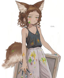 Rule 34 | 1girl, animal ear fluff, animal ears, blue nails, blush, bolero (bo le ro66), breasts, brown hair, brush, canvas (object), closed mouth, fingernails, grey background, half-closed eyes, highres, holding, holding brush, holding paintbrush, light blue nails, looking at viewer, medium hair, mole, mole on breast, mole under eye, nail polish, original, paint, paint on body, paint on clothes, paint splatter, paint splatter on face, paintbrush, shirt tucked in, simple background, solo, tail, yellow eyes