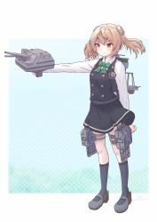 Rule 34 | 1girl, aaoi, adapted turret, aiming, black dress, black socks, bow, bowtie, cannon, double bun, dress, full body, green bow, green bowtie, hair bun, highres, kantai collection, light brown hair, long sleeves, machinery, michishio (kancolle), michishio kai ni (kancolle), pinafore dress, rudder footwear, searchlight, shirt, short twintails, sleeveless dress, socks, solo, torpedo launcher, turret, twintails, white shirt, yellow eyes
