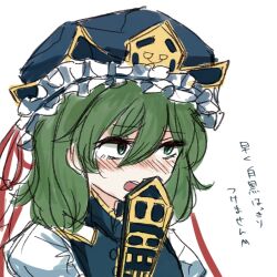 Rule 34 | 1girl, blue hat, blush, commentary request, embarrassed, green eyes, green hair, hair between eyes, hat, highres, koyane (silver81106), nose blush, open mouth, rod of remorse, shiki eiki, short hair, simple background, sketch, solo, touhou, translation request, upper body, white background