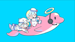 Rule 34 | 1boy, 1girl, animal hat, black eyes, black headphones, blue background, blue eyes, blue hair, blue sailor collar, blunt bangs, blush stickers, boots, character request, clinging, closed eyes, collared shirt, commentary request, copyright request, deformed, dolphin, dress, duck hat, full body, halo, hat, hat ribbon, headpiece, light smile, long sleeves, low twintails, mini hat, neckerchief, open mouth, polka dot footwear, red neckerchief, red ribbon, ribbon, riding, riding animal, sailor, sailor collar, sailor dress, sailor hat, sailor shirt, shirt, short dress, short hair, short twintails, shorts, simple background, solid oval eyes, sweatdrop, teeth, terada tera, twintails, upper teeth only, v-shaped eyebrows, white dress, white footwear, white headwear, white shorts, white sleeves, wide-eyed, yellow halo