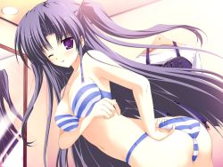Rule 34 | 1girl, bra, breast hold, breasts, game cg, lingerie, long hair, lyrical ds, lyrical lyric, mikeou, mirror, non-web source, one eye closed, panties, purple eyes, purple hair, solo, striped bra, striped clothes, striped panties, takami rin, twintails, underwear, underwear only, wink