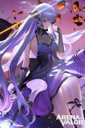 Rule 34 | 1girl, arena of valor, backlighting, blue eyes, breasts, dress, eyeshadow, floating hair, flower ornament, highres, hyulla, lips, lipstick, long hair, makeup, nail polish, official art, parted lips, pink eyeshadow, purple dress, purple nails, ribbon, small breasts, solo, thighs, very long hair, wavy hair