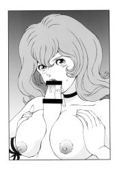 Rule 34 | 1girl, blush, breasts squeezed together, breasts, censored, fellatio, highres, large breasts, long hair, looking at viewer, lupin iii, mine fujiko, monochrome, nipples, nude, oral, paizuri, penis, rippadou, saliva, sweatdrop, tms entertainment