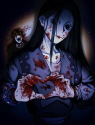 Rule 34 | 2boys, 976618113, black eyes, black hair, blood, blood on clothes, blood on face, blood on hands, commentary request, death, guro, hair over one eye, heart, heart hands, highres, hunter x hunter, illumi zoldyck, long hair, looking at viewer, male focus, multiple boys, murder, open mouth, tongue, tongue out