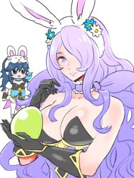 Rule 34 | 2girls, animal ears, bare shoulders, blue eyes, blue hair, bow, bowtie, breasts, camilla (fire emblem), camilla (spring) (fire emblem), chibi, cleavage, detached collar, fake animal ears, fire emblem, fire emblem awakening, fire emblem fates, fishnet pantyhose, fishnets, gloves, hair over one eye, large breasts, leotard, long hair, looking at viewer, lucina (fire emblem), lucina (spring) (fire emblem), multiple girls, nintendo, official alternate costume, pantyhose, playboy bunny, purple eyes, purple hair, rabbit ears, rabbit tail, smile, strapless, strapless leotard, tail, very long hair, white background, wrist cuffs