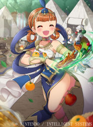 Rule 34 | 1boy, 2girls, annette fantine dominic, apple, armlet, armor, bare legs, blonde hair, closed eyes, company name, copyright name, dancer, dancer (fire emblem: three houses), dress, fire emblem, fire emblem: three houses, fire emblem cipher, food, fork, fruit, gladiator sandals, grapes, helmet, holding, kei s01, leaf, long hair, mercedes von martritz, multiple girls, nintendo, official art, open mouth, orange (fruit), orange hair, outdoors, plate, sandals, single-shoulder dress, solo focus, spoon, tent, thick thighs, thighs, tree, twintails