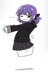 Rule 34 | 1girl, black eyes, black hoodie, black skirt, closed mouth, commentary request, fang, fang out, ganc, gradient background, grey background, highres, hood, hood down, hoodie, interlocked fingers, long sleeves, one eye closed, original, outstretched arms, pleated skirt, purple hair, shadow, skirt, sleeves past wrists, solo, stretching, wavy mouth, white background