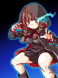 Rule 34 | 1girl, artist logo, belt, black capelet, black dress, black footwear, boots, braid, breasts, brown belt, brown hair, capelet, commentary request, dated, dress, feet out of frame, glowing, glowing eye, hood, hood up, hooded capelet, kantai collection, kutone shirika, large breasts, long hair, looking at viewer, pleated dress, red ribbon, ribbon, shinshuu maru (kancolle), solo, twin braids