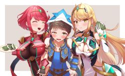 Rule 34 | 1boy, 2girls, absurdres, bare shoulders, blonde hair, blush, bodysuit, breasts, brown hair, cleavage, closed eyes, covered navel, earrings, food, food in mouth, highres, impossible bodysuit, impossible clothes, jewelry, large breasts, long hair, multiple girls, mythra (xenoblade), pyra (xenoblade), red hair, rex (xenoblade), short hair, smile, swept bangs, taro (peach taro51), tiara, wavy mouth, xenoblade chronicles (series), xenoblade chronicles 2, yellow eyes