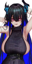 Rule 34 | 1girl, absurdres, asymmetrical horns, black hair, black nails, black sweater, blue hair, blush, breasts, colored inner hair, demon horns, highres, hololive, hololive english, horns, large breasts, long hair, looking at viewer, mole, mole under eye, multicolored hair, nail polish, nerissa ravencroft, open mouth, red eyes, soju ice, sweater, turtleneck, turtleneck sweater, very long hair, virtual youtuber