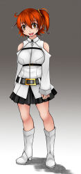 Rule 34 | 1girl, adapted costume, aoshima, arms at sides, bare shoulders, belt, belt buckle, black skirt, boots, breasts, buckle, clothing cutout, empty eyes, eyebrows, fate/grand order, fate (series), fujimaru ritsuka (female), gradient background, grey background, hair between eyes, hair ornament, hair scrunchie, highres, knee boots, legs apart, looking at viewer, no legwear, no socks, open mouth, orange hair, pleated skirt, scrunchie, shaded face, short hair, shoulder cutout, side ponytail, simple background, skirt, sleeves past wrists, smile, solo, white footwear, yandere, yellow eyes