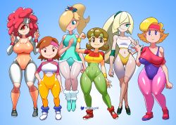 Rule 34 | 5-volt, 6+girls, absurdres, aerobics, alternate breast size, alternate costume, alternate hairstyle, asymmetrical hair, bare shoulders, bike shorts, blonde hair, blue eyes, bodysuit, bound, breasts, brown eyes, brown hair, chestnut mouth, cooking mama, covered navel, creatures (company), crossover, curvy, elbow pads, exercising, female focus, flexible, floating hair, full body, game freak, gradient background, green eyes, gym uniform, hands on own hips, headband, high ponytail, highleg, highleg leotard, highleg panties, highres, large breasts, leg up, leotard, lipstick, long hair, lusamine (pokemon), makeup, mama (cooking mama), mario (series), matching hair/eyes, mature female, metroid, midriff, minuspal, monster girl, mother (game), mother 2, mother brain, multiple girls, navel, ness&#039;s mom, nintendo, open mouth, pale skin, panties, personification, pokemon, pokemon sm, ponytail, red lips, red shirt, rosalina, salute, shiny clothes, shiny skin, shirt, short hair, shorts, simple background, size difference, skin tight, small breasts, smile, standing, super mario galaxy, sweat, taut clothes, taut shirt, thick thighs, thighs, thong, thong leotard, twitter username, underwear, warioware, warioware: gold, wide hips
