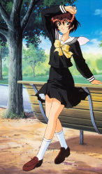 Rule 34 | 1990s (style), 1girl, bench, nanase yuu, pleated skirt, school uniform, sentimental graffiti, serafuku, skirt, solo