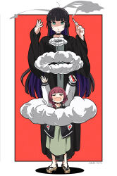 Rule 34 | 2girls, absurdres, alternate height, arms up, behind another, black hair, black nails, black robe, blowing smoke, blunt bangs, blush, bocchi the rock!, border, braid, character name, cigarette, closed eyes, colored inner hair, commentary request, dress, facing viewer, fang, full body, geta, goumonsha, green dress, green eyes, grey dress, hair over shoulder, hands up, highres, hiroi kikuri, holding, holding carton, holding cigarette, jacket, letterman jacket, long hair, long sleeves, looking at another, looking down, multicolored hair, multiple girls, open clothes, open jacket, open mouth, open robe, outside border, pa-san, purple hair, red background, red hair, robe, shaded face, simple background, smile, smoke ring, smoke trail, smoking, standing, white border
