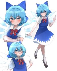 Rule 34 | 1girl, absurdres, bespectacled, black footwear, blue bow, blue dress, blue eyes, blue hair, blush, bow, cirno, closed mouth, collared shirt, detached wings, dress, fairy, full body, glasses, hair between eyes, hair bow, highres, ice, ice wings, mikan (manmarumikan), multiple views, puffy short sleeves, puffy sleeves, shirt, shoes, short hair, short sleeves, simple background, smile, socks, touhou, white background, white shirt, white socks, wings