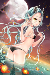 Rule 34 | 1girl, :o, ass, bad id, bad pixiv id, bikini, breasts, butt crack, chimera lime, demon girl, dutch angle, flat ass, flat chest, floating hair, flower, forehead, full moon, gradient background, green hair, holding, horns, juna, light particles, long hair, moon, outdoors, petals, pointy ears, seashell, shell, small breasts, swimsuit, sword girls, wading, water, yellow eyes