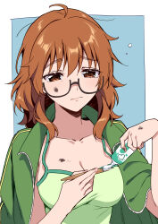 Rule 34 | 1girl, ahoge, araki hina, blush, breasts, brown eyes, brown hair, camisole, cleavage, closed mouth, collarbone, dirty, glasses, green camisole, green jacket, grid background, hands up, holding, holding pen, idolmaster, idolmaster cinderella girls, idolmaster cinderella girls starlight stage, jacket, jacket on shoulders, looking at another, medium breasts, messy hair, mitsuki meia, outside border, pen, short hair, simple background, sleepy, solo, toothpaste, track jacket, two-tone background, upper body