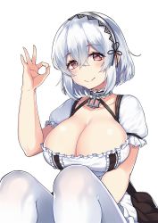 Rule 34 | 1girl, anchor choker, apron, azur lane, blush, breasts, choker, cleavage, closed mouth, collarbone, crossed bangs, fingernails, frilled apron, frilled choker, frills, hair between eyes, hairband, hand up, highres, lace-trimmed hairband, lace trim, large breasts, looking at viewer, maid apron, ok sign, puffy sleeves, qijiwan goldyu, red eyes, short hair, short sleeves, sidelocks, simple background, sirius (azur lane), smile, solo, thighhighs, waist apron, white apron, white background, white hair, white thighhighs