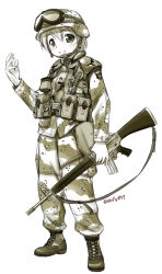Rule 34 | 1girl, :d, assault rifle, blush, boots, bulletproof vest, camouflage, desert camouflage, ebifly, full body, goggles, goggles on headwear, gun, gun sling, hair between eyes, helmet, holding, holding gun, holding weapon, looking at viewer, m16, m16a2, military, monochrome, open mouth, original, pants, patch, pouch, rifle, shirt, shoulder patch, simple background, smile, solo, standing, stasnding, twitter username, vest, weapon, white background