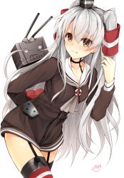 Rule 34 | 10s, 1girl, amatsukaze (kancolle), bad id, bad pixiv id, blush, box, brown eyes, choker, commentary request, dress, embarrassed, garter straps, gift, gift box, hair tubes, heart, highres, holding, holding gift, kantai collection, long hair, minari (minari37), red thighhighs, rensouhou-kun, sailor collar, sailor dress, short dress, silver hair, solo, striped clothes, striped thighhighs, thighhighs, two side up, valentine, white background