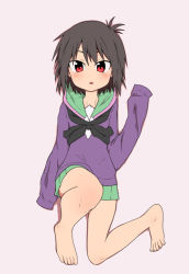 Rule 34 | 1girl, a channel, barefoot, black hair, black neckerchief, blush, cowlick, expressionless, feet, from above, green skirt, grey background, ichii tooru, leg up, lying, neckerchief, on back, open mouth, parted lips, purple sweater, red eyes, salpin, school uniform, serafuku, short hair, simple background, skirt, sleeves past wrists, solo, sweater, tsurime