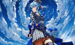 Rule 34 | 1girl, absurdres, ascot, belt, beret, blue eyes, blue hair, choker, cloud, crown, dutch angle, earrings, flower, from below, gloves, hat, highres, hololive, hoshimachi suisei, hoshimachi suisei (1st costume), jewelry, maruno ball, mini crown, partially fingerless gloves, plaid, plaid shirt, plaid skirt, shirt, single thighhigh, skirt, sky, solo, thigh strap, thighhighs, virtual youtuber, zettai ryouiki