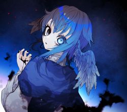 Rule 34 | 1girl, bird wings, black eyes, black nails, black tears, blue background, blue capelet, blue eyes, blue hair, capelet, commentary, crying, crying with eyes open, dripping, feathered wings, final fantasy, final fantasy xiv, from behind, fua yuu, gradient hair, hand up, head wings, heterochromia, high collar, long sleeves, looking at viewer, looking back, meteion, multicolored hair, nail polish, parted lips, ringed eyes, short hair, sky, solo, sparkle, spoilers, star (sky), starry sky, tears, upper body, wide-eyed, wings