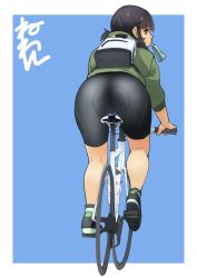 Rule 34 | 1girl, ass, backpack, bag, bent over, bicycle, bike shorts, black hair, bulge, carton, drink, from behind, futanari, hood, hoodie, neone, riding, riding bicycle, shoes, solo, twintails