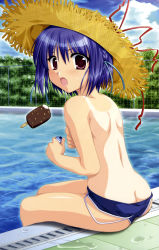 Rule 34 | 1girl, 5pb., absurdres, ass, blue hair, braid, breast hold, breasts, butt crack, clothes pull, covering privates, covering breasts, day, fang, fence, food, hat, highres, ice cream, looking back, one-piece swimsuit, one-piece swimsuit pull, one-piece tan, oone touka, outdoors, pool, poolside, sharin no kuni himawari no shoujo, side braid, sitting, soaking feet, solo, straw hat, surprised, swimsuit, tan, tanline, topfreedom, topless, water
